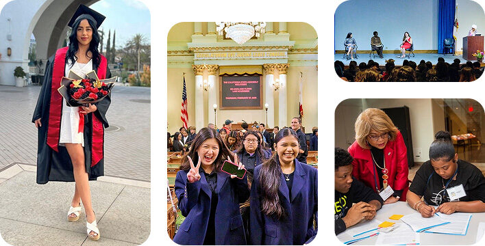 young woman graduate, happy students walking in congress, mentor woman and students, panel discussion, group of volunteers